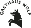 Logo della Locanda Wolf con contorno nero di un lupo e scritte.